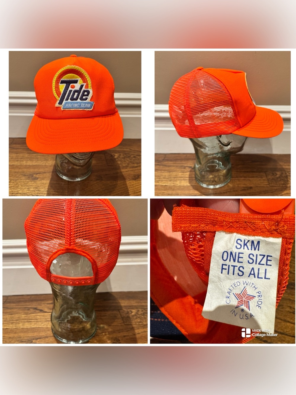 Vintage 80s Tide Racing Team neon orange mesh snapback trucker hat.